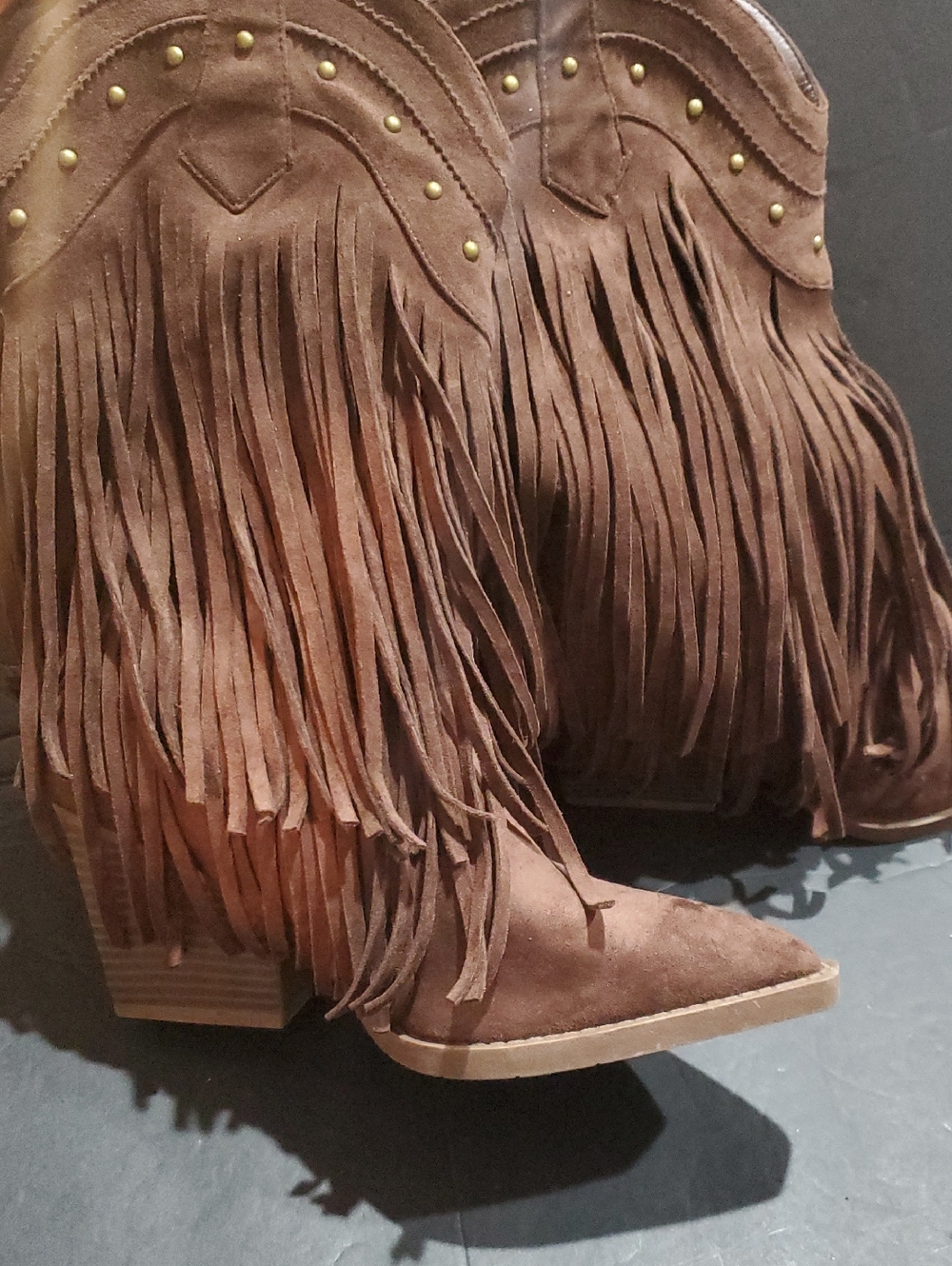 Brown faux suede fringed gold studded midcalf cowgirl cowboy boots size 10‎ new - Picture 9 of 11